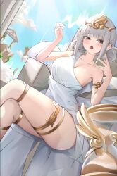 1girl artist_request bare_shoulders breasts check_artist circlet cleavage commentary_request commission crossed_legs double_bun dress dutch_angle g_godocbaek grey_eyes grey_hair hair_bun hands_up highres hourglass jewelry korean_commentary looking_at_viewer medium_breasts medium_hair oc_(jmgsjh) open_mouth original second-party_source single_sleeve sitting solo thighlet thighs throne white_dress