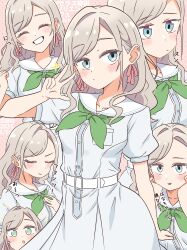 Rule 34 | + +, 1girl, 2025, :o, ^ ^, absurdres, blue eyes, blush, ceras yanagida lilienfeld, closed eyes, closed mouth, collarbone, commentary request, cowboy shot, dated, dress, expressionless, green neckerchief, grey hair, grin, hair ribbon, hashtag, hasu no sora school uniform, highres, kanzaki gou, link! like! love live!, long hair, love live!, multiple views, neckerchief, parted lips, pink background, pink ribbon, pleated dress, puffy short sleeves, puffy sleeves, revision, ribbon, sailor collar, sailor dress, school uniform, short sleeves, smile, summer uniform, u u, virtual youtuber, w, white dress, white sailor collar