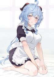 1girl absurdres ahoge apron blue_hair blush breasts ganyu_(genshin_impact) genshin_impact highres horns long_hair looking_at_viewer maid maid_apron medium_breasts mochi_nabe puffy_short_sleeves puffy_sleeves purple_eyes seiza short_sleeves sidelocks sitting solo thighhighs white_thighhighs