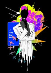 1boy benkdjjituibot bird black_shirt blue_screen_of_death charger coat crossed_arms demon_horns error_message faceless grin hand_on_own_chin highres horns kim_dokja looking_at_viewer male_focus official_alternate_costume omniscient_reader&#039;s_viewpoint phone rainbow_gradient shirt smile solo sparkle spot_color torn_clothes upper_body white_coat wire