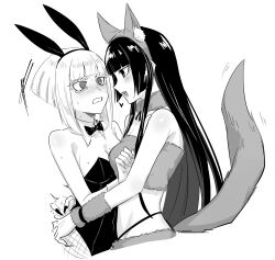 2girls animal_costume animal_ear_hairband animal_ears aoki_shizumi bare_shoulders blush bow bowtie breast_press breasts claws cleavage detached_collar fake_animal_ears fake_tail fang fishnet_pantyhose fishnets grabbing_another&#039;s_tail greyscale hairband hand_on_another&#039;s_waist heart highres kurogane_otoha leotard long_hair medium_breasts monochrome multiple_girls open_mouth pantyhose playboy_bunny rabbit_ear_hairband rabbit_ears ringed_eyes rock_wa_lady_no_tashinami_deshite shiraya_tamaki short_hair smile strapless strapless_leotard tail thick_eyelashes wolf_costume wolf_ears wolf_girl wolf_tail yuri