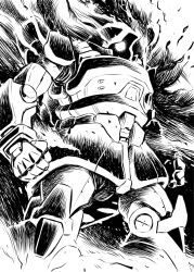 black_outline dom_(mobile_suit) full_body greyscale gundam highres joints mecha mecha_focus mobile_suit monochrome nakanishi_kent no_humans one-eyed outline robot robot_joints white_background