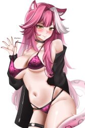 1girl animal_ears animal_print bare_shoulders bikini black_jacket blush breasts cat_o-ring closed_mouth collarbone commentary english_commentary fingernails helldeer highres hololive hololive_english jacket large_breasts leopard_print leopard_print_bikini long_hair looking_at_viewer multicolored_hair nail_polish navel o-ring o-ring_thigh_strap open_clothes open_jacket panther_ears panther_girl panther_tail pink_bikini pink_nails pink_tail raora_panthera simple_background smile solo stomach streaked_hair swimsuit tail thigh_strap thighs twitter_username virtual_youtuber white_background yellow_eyes