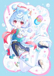 1girl animal_ears apron aqua_shirt black_shoes black_shorts blue_hair bow bowtie brooch bubble buttons commentary_request genshin_impact gloves hair_between_eyes hair_ornament hat heart heart_in_eye highres jewelry leg_up lipstick long_sleeves looking_at_viewer low_twintails makeup medium_hair multicolored_hair nurse_cap pantyhose parted_lips pom_pom_(clothes) pom_pom_hair_ornament purple_hair red_bow red_bowtie red_eyes shirt shoes shorts sigewinne_(genshin_impact) solo symbol_in_eye twintails watermark white_apron white_gloves white_hat white_pantyhose yutukicom