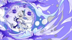 1girl azurelight_(genshin_impact) bare_shoulders breasts closed_mouth dress genshin_impact grey_hair hair_between_eyes hair_ornament highres holding holding_sword holding_weapon long_hair looking_at_viewer medium_breasts official_style purple_hands skirk_(genshin_impact) solo sword thighs very_long_hair weapon white_dress yomiyuarts