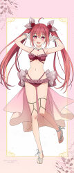 1girl absurdres ahoge bare_shoulders bikini breasts cape date_a_live frilled_bikini frills full_body hair_ribbon hands_up highres itsuka_kotori long_hair looking_at_viewer navel official_art open_mouth red_eyes red_hair ribbon small_breasts smile solo swimsuit third-party_source twintails
