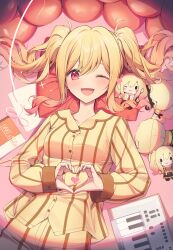 Rule 34 | absurdres, blonde hair, book, character doll, commentary, heart, heart hands, highres, instrument, keyboard (instrument), multicolored hair, one eye closed, pajamas, pillow, project sekai, red eyes, smile, sora (men0105), symbol-only commentary, tenma saki, twintails, two-tone hair, yellow pajamas