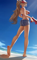 1boy 1girl absurdres ass barefoot beach bikini blonde_hair feet highres long_hair looking_back megaphone micro_shorts mimuxiao open_mouth ponytail red_eyes shorts soles swimsuit toes visor_cap