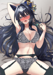 1girl absurdres blush bra breasts hair_ornament highres lace lace-trimmed_bra lace-trimmed_panties lace_trim large_breasts legwear_garter long_hair looking_at_viewer open_mouth panties solo spread_legs titan_mk.ii umamusume underwear verxina_(umamusume)