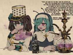 Rule 34 | 2girls, akoya matama, alcohol, alice&#039;s adventures in wonderland, an sin, anemo nemo, antennae, black hat, bow, brown hair, closed mouth, club (shape), commentary, cup, diamond (shape), english text, glass, green bow, green eyes, green hair, green streaks, guimpe, hair bow, hair over one eye, hat, heart, highres, holding, holding cup, hookah, jack daniel&#039;s, light frown, long hair, long sleeves, looking at another, mahou shoujo ni akogarete, medium hair, military hat, military uniform, multicolored hair, multiple girls, nun, official alternate costume, open mouth, purple eyes, sharp teeth, simple background, sitting, smoke, smoking, spade (shape), streaked hair, teeth, two side up, upper body, veil, whiskey, white hat