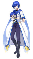 1boy absurdres belt black_belt black_boots blue_eyes blue_hair blue_nails blue_pants blue_scarf boots character_doll coat commentary doll hair_between_eyes headset highres holding holding_stuffed_toy kaito_(vocaloid) kaito_(vocaloid3) knee_boots long_sleeves looking_at_viewer maima_(rrs_0222) male_focus nail_polish open_mouth pants reaching reaching_towards_viewer scarf short_hair simple_background smile solo stuffed_toy vocaloid white_background white_coat