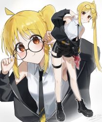 Rule 34 | 1girl, absurdres, adjusting eyewear, ahoge, bespectacled, black boots, black jacket, black necktie, black shorts, blonde hair, blush, bocchi the rock!, boots, closed mouth, collared shirt, commentary, dated, eyewear on head, full body, glasses, grin, hand on eyewear, hand up, highres, ijichi nijika, jacket, lace-up boots, leaning forward, long hair, long sleeves, looking at viewer, multiple thigh straps, nail polish, necktie, open clothes, open jacket, red eyes, round eyewear, seisyuntarotto, shirt, shorts, side ponytail, sidelocks, simple background, sleeveless, sleeveless shirt, smile, standing, v, white background, white shirt, yellow nails
