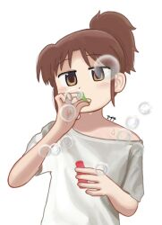 1girl blowing_bubbles brown_eyes brown_hair bubble_pipe city_(arawi_keiichi) helloaite high_ponytail highres jitome nagumo_midori off_shoulder ponytail shirt sidelocks soap_bubbles solo upper_body white_background white_shirt