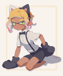 1boy absurdres animal_ear_hairband animal_ears animal_hands black_bow black_bowtie black_gloves black_shorts blonde_hair bow bowtie cat_ears collared_shirt dark-skinned_male dark_skin dress_shirt eyebrow_cut fake_animal_ears full_body gloves gradient_hair green_eyes hairband highres inkling inkling_boy inkling_player_character looking_at_viewer male_focus multicolored_hair nintendo open_mouth paw_gloves paw_shoes pink_hair pointy_ears shirt shoes short_hair short_sleeves shorts smile solo splatoon_(series) surume01417 suspender_shorts suspenders tentacle_hair thick_eyebrows white_shirt white_shoes