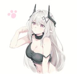 Rule 34 | 1girl, :&lt;, arknights, bare arms, bare shoulders, black choker, black shirt, breasts, camisole, choker, cleavage, crop top, cropped torso, demon horns, hand up, horns, infection monitor (arknights), large breasts, long hair, looking at viewer, material growth, midriff, mudrock (arknights), navel, oripathy lesion (arknights), paw pose, pink eyes, pointy ears, shirt, simple background, sleeveless, sleeveless shirt, solo, strap slip, white background, white hair, zapik