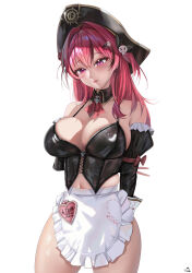 1girl absurdres apron arm_behind_back arm_bow ascot bare_shoulders black_collar black_corset black_hat black_ribbon black_sleeves blush bow breasts collar collarbone corset detached_collar frilled_apron frills goddess_of_victory:_nikke hair_between_eyes hair_intakes hair_ornament hair_ribbon hat heart heart_in_eye highres kaminoringo large_breasts long_hair maid maid_apron mast_(nikke) mast_(romantic_maid)_(nikke) navel navel_peek parted_lips pink_eyes pink_hair pink_lips pirate_hat red_ascot red_bow ribbon simple_background skull_collar skull_hair_ornament sleeve_garter smile solo symbol_in_eye thighs v waist_apron white_apron white_background white_wrist_cuffs wrist_cuffs