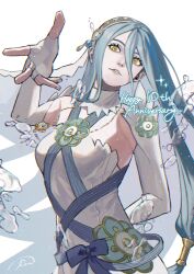 1girl anniversary azura_(fire_emblem) blue_hair breasts collar dress elbow_gloves fingerless_gloves fire_emblem fire_emblem_fates gloves hair_between_eyes highres jewelry long_hair medium_breasts nintendo runteya sign simple_background solo upper_body veil water white_background white_gloves yellow_eyes
