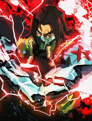 1boy absurdres black_eyes black_shirt brown_hair bucky_barnes electricity fur-trimmed_jacket fur_trim green_jacket highres isaacchief300 jacket looking_at_viewer marvel marvel_rivals mask mouth_mask open_clothes open_jacket parted_bangs prosthesis prosthetic_arm red_lightning scar scar_across_eye scar_on_face shirt sleeveless sleeveless_jacket solo star_(symbol) v-shaped_eyebrows winter_soldier