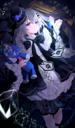 1girl absurdres acid_(maimai) black_bow black_bowtie black_dress black_hat blush boater_hat bow bowtie closed_mouth cross-laced_clothes dim_lighting dor4kr dress floral_print flower frilled_dress frills gem gothic_lolita grey_hair hair_ornament hat highres holding holding_jewelry holding_necklace hugging_doll hugging_object jewelry layered_dress layered_sleeves lolita_fashion long_hair long_sleeves looking_at_viewer maimai_(game) necklace picture_frame purple_eyes rose_print see-through_dress_layer solo thigh_strap twintails