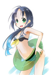 1girl adapted_costume arched_back bare_shoulders bikini black_bikini black_hair blue_hair commentary_request cowboy_shot flat_chest front-tie_top gradient_hair green_eyes highres innertube kantai_collection long_hair looking_at_viewer low_twintails multicolored_hair navel one-hour_drawing_challenge open_mouth ribbon simple_background solo standing stomach suzukaze_(kancolle) swim_ring swimsuit taisinkoku twintails white_background