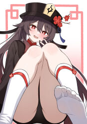 1girl absurdres black_nails black_shorts blush brown_hair chinese_clothes feet flower flower-shaped_pupils genshin_impact hair_between_eyes hat hat_flower hat_tassel highres hu_tao_(genshin_impact) jhp987 knees_up long_hair looking_at_viewer open_mouth plum_blossoms porkpie_hat red_eyes shorts sitting smile socks soles solo symbol-shaped_pupils toes twintails white_socks