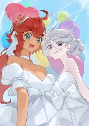 2girls balloon bare_shoulders blue_eyes blue_sky breasts chobo_(choooooobo) choker cleavage commentary_request dark-skinned_female dark_skin day dress flower gundam gundam_suisei_no_majo hair_flower hair_ornament heart_balloon highres korean_commentary long_hair miorine_rembran multiple_girls off-shoulder_dress off_shoulder open_mouth outdoors pink_flower pink_rose red_hair rose sky smile suletta_mercury thick_eyebrows wedding_dress white_choker white_dress wife_and_wife yuri