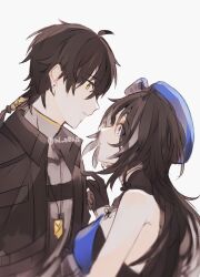 1boy 1girl black_gloves black_hair blue_hat gloves hat highres long_hair looking_at_another male_rover_(wuthering_waves) mi_08215 rover_(wuthering_waves) simple_background twitter_username white_background wuthering_waves yangyang_(wuthering_waves) yellow_eyes