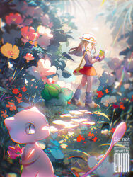 Rule 34 | 1girl, blue shirt, brown hair, bulbasaur, commentary, dappled sunlight, ekm, flower, full body, gen 1 pokemon, grey eyes, hat, holding, holding map, leaf (pokemon), legendary pokemon, looking at another, map, mew (pokemon), mythical pokemon, nintendo, path, pokemon, pokemon (creature), pokemon frlg, red flower, red skirt, road, shirt, shoes, skirt, sleeveless, sleeveless shirt, sunlight, white hat, white shoes, wristband, yellow flower