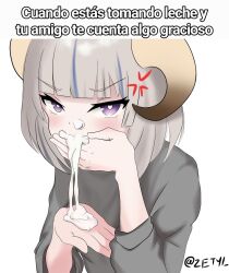 1girl anger_vein annoyed artist_name aurora_atria blue_hair blush cum cum_in_mouth cum_in_nose cum_on_body cum_on_hands cumdrip eyebrows eyelashes female_focus grey_hair grey_shirt heart heart-shaped_pupils horns indie_virtual_youtuber lefolk long_sleeves meme multicolored_hair purple_eyes sheep_girl sheep_horns shiny_skin shirt simple_background solo spanish_text streaked_hair symbol-shaped_pupils translation_request two-tone_hair upper_body virtual_youtuber white_background zetyi