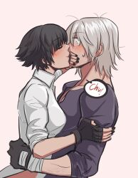 1boy 1girl beard_stubble black_gloves black_hair black_nails black_shirt blush covering_another&#039;s_mouth dante_(devil_may_cry) devil_may_cry_(series) devil_may_cry_5 facial_hair fingerless_gloves gloves hand_over_another&#039;s_mouth highres jumpoon kiss lady_(devil_may_cry) nail_polish shirt simple_background stubble sweatdrop white_hair white_shirt