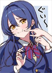 1girl 1other blazer blue_background blue_hair blue_jacket blush border bow bowtie ca_ba_ya_ki cheek_poking closed_mouth hair_between_eyes hands_up jacket long_hair long_sleeves love_live! love_live!_school_idol_project otonokizaka_school_uniform outside_border poking red_bow red_bowtie school_uniform simple_background solo sonoda_umi striped_bow striped_bowtie striped_clothes sweatdrop upper_body white_border winter_uniform yellow_eyes
