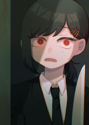 1girl black_background black_hair black_jacket black_necktie chainsaw_man chromatic_aberration collared_shirt commentary film_grain frown hair_behind_ear hair_ornament hairclip higashiyama_kobeni highres holding holding_knife jacket knife lower_teeth_only medium_hair necktie open_mouth partially_shaded_face raised_inner_eyebrows scared shirt side_ponytail simple_background single_eyebrow single_sidelock solo sweat swept_bangs teeth upper_body white_shirt wide-eyed yksm_oe