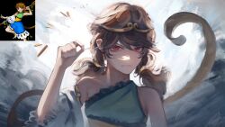 Rule 34 | 1girl, absurdres, brown hair, circlet, closed mouth, commentary, english commentary, highres, looking at viewer, medium hair, monkey girl, monkey tail, outdoors, red eyes, reference inset, solo, son biten, tail, touhou, upper body, yuhel, zun (artist)