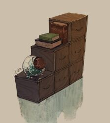 Rule 34 | book, book stack, bottle, brown background, commentary request, cupboard, highres, no humans, object focus, original, shadow, shelf, signature, simple background, still life, yamabuki (haruirokerria)