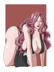 1girl absurdres agrothewanderer ass bent_over bleach bleach:_sennen_kessen-hen breasts cleavage curvy female_focus highres hikifune_kirio huge_breasts japanese_clothes kimono lips long_hair looking_at_viewer purple_hair sideboob simple_background skindentation solo thick_thighs thighs