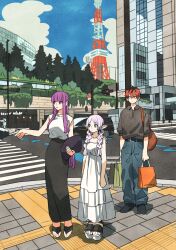 1boy 2girls bag black_skirt blunt_bangs braided_twintails commentary_request dress fern_(sousou_no_frieren) frieren full_body hair_between_eyes high-waist_skirt highres holding holding_bag long_hair multiple_girls outdoors pointing pointy_ears purple_hair red_hair short_hair sidelocks skirt sleeveless sousou_no_frieren stark_(sousou_no_frieren) takeuchi_ryousuke tokyo_tower white_dress white_hair