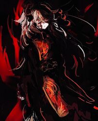 1girl absurdres black_dress blonde_hair blood bloody_tears chinese_clothes dalachi_(headdress) dress highres hm4307 junko_(touhou) phoenix_print pom_pom_(clothes) red_eyes red_tabard tabard touhou wide_sleeves