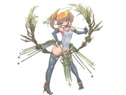 Rule 34 | 1girl, angel, angel wings, armpits, arrow (projectile), bare shoulders, blue gloves, blue thighhighs, bow (weapon), breasts, closed mouth, covered erect nipples, covered navel, detached sleeves, elbow gloves, feathered wings, frown, full body, game cg, gloves, green halo, halo, hand on own hip, holding, holding arrow, large variant set, metatron (mon-musu quest!), mon-musu quest!, mon-musu quest: paradox, no shoes, one-piece swimsuit, orange hair, pointy ears, red eyes, small breasts, swimsuit, thighhighs, twintails, variant set, weapon, white one-piece swimsuit, wings, xelvy