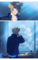 Rule 34 | 1boy, absurdres, bandaid, bandaid on cheek, bandaid on face, baseball bat, black jacket, black pants, blonde hair, blue eyes, classroom, cloud strife, cloud strife (midgard seventh high school), collared shirt, delinquent, desk, emi-bianchi, final fantasy, final fantasy vii, final fantasy vii ever crisis, flower, gakuran, hair between eyes, highres, jacket, lily (flower), male focus, official alternate costume, pants, parted lips, school desk, school uniform, shirt, short hair, solo, spiked hair, tears, upper body, white flower, white shirt, wiping tears, yellow flower