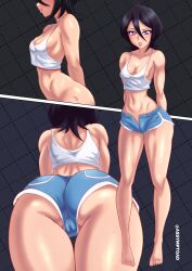 1girl ass ass_focus assymptoad back bare_shoulders black_hair bleach border breasts cameltoe crop_top cropped_shirt dolphin_shorts feet full_body hair_between_eyes highres kuchiki_rukia legs lips lipstick looking_at_viewer makeup medium_hair micro_shorts midriff multiple_views nail_polish navel no_panties open_fly pink_nails profile shirt shorts sideboob simple_background small_breasts smile solo stomach tank_top thighs toenail_polish toenails unbuttoned unbuttoned_pants white_shirt wide_hips