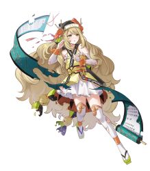 1girl ankle_wrap bare_shoulders bell blonde_hair bow celine_(fire_emblem) celine_(ninja)_(fire_emblem) detached_sleeves fire_emblem fire_emblem_engage fire_emblem_heroes flower geta green_eyes green_footwear hair_ornament hair_stick highres japanese_clothes long_hair looking_to_the_side ninja nintendo non-web_source official_alternate_costume official_art open_mouth orange_bow orange_flower orange_trim scroll shuriken skirt solo star_(symbol) star_hair_ornament tabi tassel tassel_hair_ornament thighhighs torn_clothes very_long_hair weapon white_skirt white_sleeves white_thighhighs wrist_bow