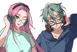 1boy 1girl alien_stage dress glasses grey_hair headphones long_hair mizi_(alien_stage) pink_hair segansangshi173 short_hair till_(alien_stage) white_dress