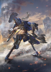 Rule 34 | armored core, armored core vi: fires of rubicon, dual wielding, full body, gun, highres, holding, holding gun, holding weapon, mecha, mecha focus, miso katsu, missile pod, no humans, reverse-jointed legs, robot, science fiction, smoke, steel haze, thrusters, weapon, weapon on back, wolf print
