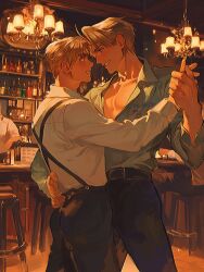 Rule 34 | 4boys, ahoge, america (hetalia), american flag, american flag print, axis powers hetalia, bar (place), belt, black belt, black hair, black pants, blonde hair, blue eyes, bottle, buttons, chair, chandelier, collarbone, commentary, cowboy shot, en llll, english commentary, flag print, floor, green eyes, green shirt, hand around waist, hand up, highres, holding hands, indoors, long sleeves, looking at another, male focus, multiple boys, muscular, muscular male, open clothes, open shirt, pants, puffy long sleeves, puffy sleeves, shelf, shirt, short hair, smile, standing, suspenders, teeth, united kingdom (hetalia), white shirt, yaoi