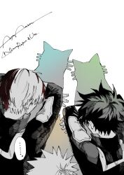 3boys bakugou_katsuki boku_no_hero_academia cat_shadow_puppet_(meme) double_w highres male_focus meme middle_w midoriya_izuku multicolored_hair multiple_boys otogiter red_hair shadow_puppet simple_background spiked_hair squatting todoroki_shoto two-tone_hair w white_background white_hair