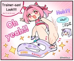 2girls animal_ears artist_name blush buruma cars_(movie) chibi commentary crocs english_commentary english_text gym_uniform hair_intakes hair_ribbon haru_urara_(umamusume) headband highres horse_ears horse_girl horse_tail long_hair mejiro_mcqueen_(umamusume) multiple_girls notice_lines original_race_uniform_(umamusume) pink_eyes pink_hair pink_tail ponytail purple_hair race_bib red_buruma red_headband ribbon shibedraws short_hair sparkle speech_bubble sweatdrop tail thought_bubble umamusume v