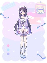 Rule 34 | 1girl, absurdres, apron, black hair, cup, full body, high heels, highres, long hair, mahou shoujo madoka magica, maid headdress, purple eyes, ruru (rurumagi), solo, straight-on, teacup, very long hair, waist apron