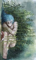 1boy blood blue_eyes blue_hair completely_nude death guro highres horror_(theme) huli_xiaobai intestines jujutsu_kaisen long_hair looking_at_viewer lying mahito_(jujutsu_kaisen) nude on_side plant rabbit solo stitched_face stitches
