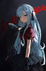 absurdres ave_mujica_(bang_dream!) bang_dream! bang_dream!_it&#039;s_mygo!!!!! black_gloves blue_hair dress from_side gloves haimaotuanzi hand_on_wall highres long_hair looking_at_viewer mygo!!!!!_(bang_dream!) oblivionis_(bang_dream!) pleated_skirt red_dress skirt togawa_sakiko twintails upper_body