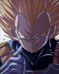 Rule 34 | 1boy, absurdres, blonde hair, blue shirt, chiro illust, commentary request, dragon ball, gloves, green eyes, highres, male focus, medium hair, nose, partial commentary, portrait, saiyan armor, shirt, smile, solo, spiked hair, splatter, super saiyan, super saiyan 1, teeth, tongue, upper teeth only, v-shaped eyebrows, vegeta, white background, white gloves